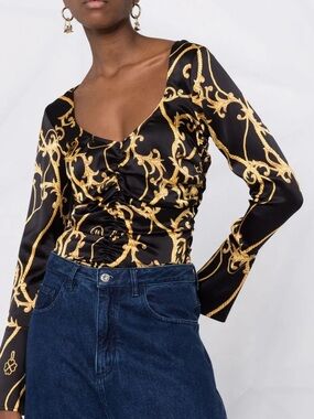 Ganni Black & Gold Baroque Ruched Scoop-Neck Top